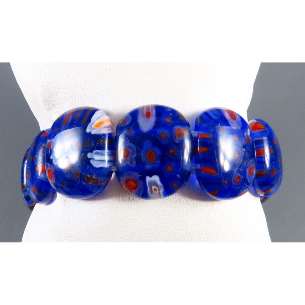 VTG MURANO ITALIAN ART GLASS Blue Red White Millefiori WIDE OVAL BEADS Bracelet